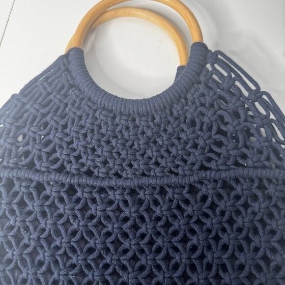 Cottage Boho Style Macrame Bag Purse Wooden Handle Navy - Picture 4 of 7